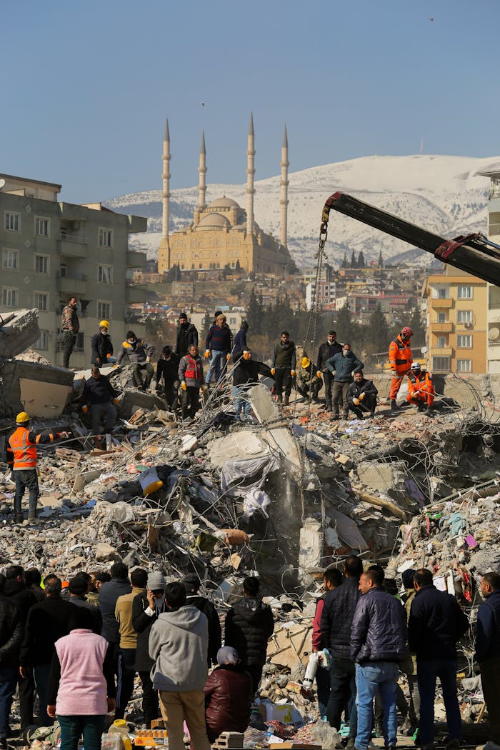 our-services-2 Rescue operations amidst city earthquake debris with mosque and snowy mountains.